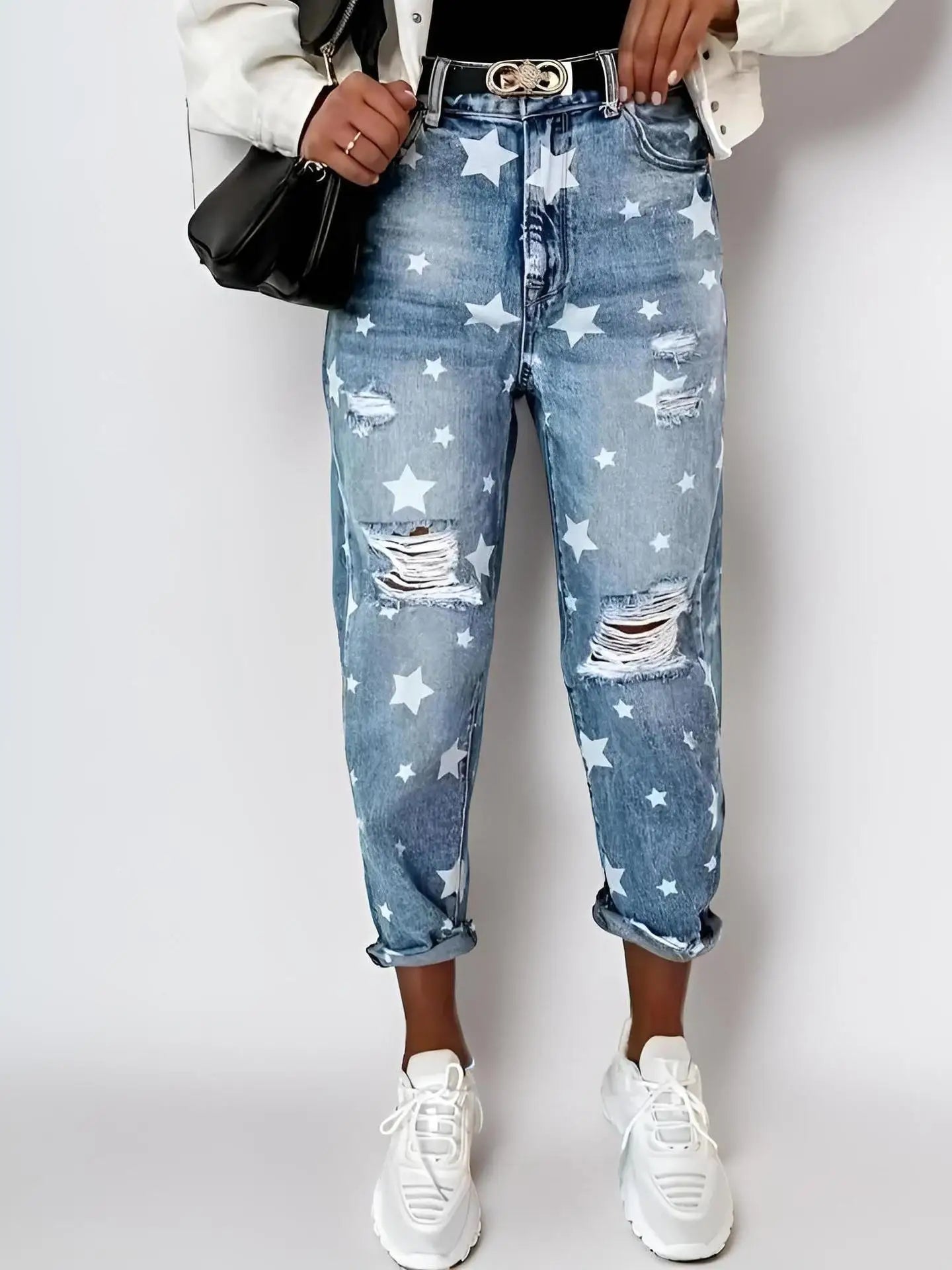 Jeans Denim Holes Ripped Washed Jean Ankle Length Straight Pants Women Spliced Pockets Loose Fit Casual 2025 Distressed