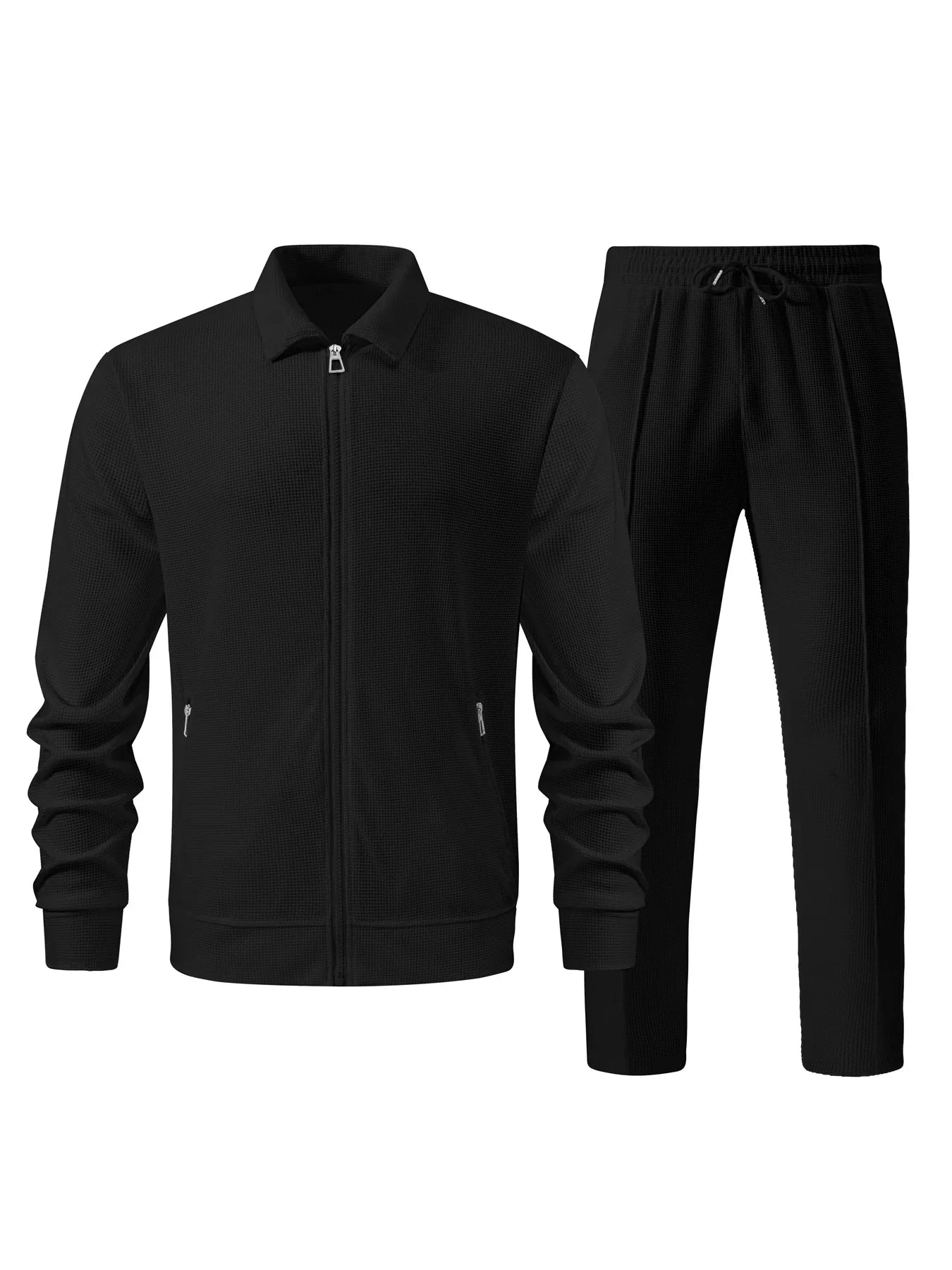 Men's Casual Solid Color Zipper Jacket and Pants Suit - Breathable Polyester Fiber for Spring/Autumn