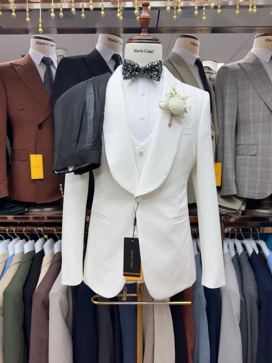 Men's White Patterned Wedding Suit, Elegant Fully Jacquard Set, Formal Groom Tuxedo, Modern Shawl Lapel Jacket With Vest Pants