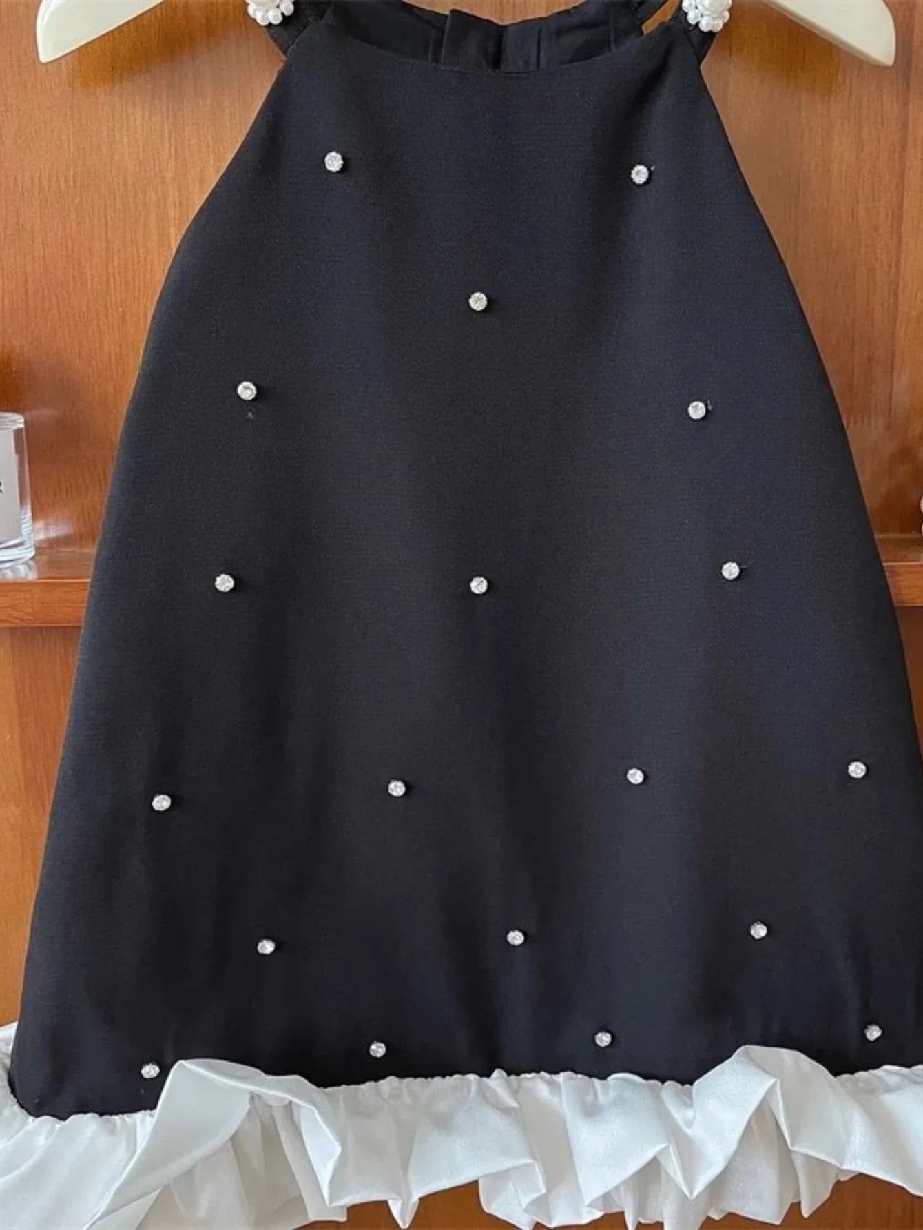 Girls Summer Black Pearl Dress – Charming Sleeveless A-Line Dress with Beaded Straps & Ruffle Hem, Elegant Kids Fashion