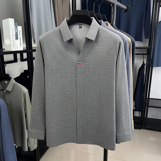 High end brand men's long sleeve V-neck polo shirt autumn fashion new striped embroidery design boutique golf top casual T-shirt