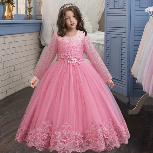 New Flower Girl Wedding White Lace Dress Elegant Girl Beauty Pageant Princess Long Dress 4-12-year-old Summer Children's Clothin