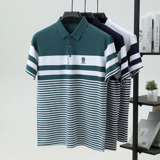 Premium pure cotton stripe short sleeve polo shirt men summer T-shirt fashion brand embossed comfort new trend color blocked top