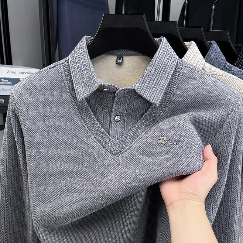 Winter Men's Vacation Two-piece Thick Woolen Sweater with A Warm Collar and Knitted Polo Base for Middle-aged and Elderly People