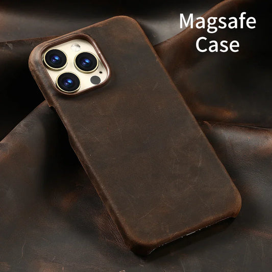 Magsafe Case for iPhone 17 Air 16 15 Pro Max Retro Luxury Full Grain Cowhide Genuine Oiled PULL-UP Leather Magnetic Cover