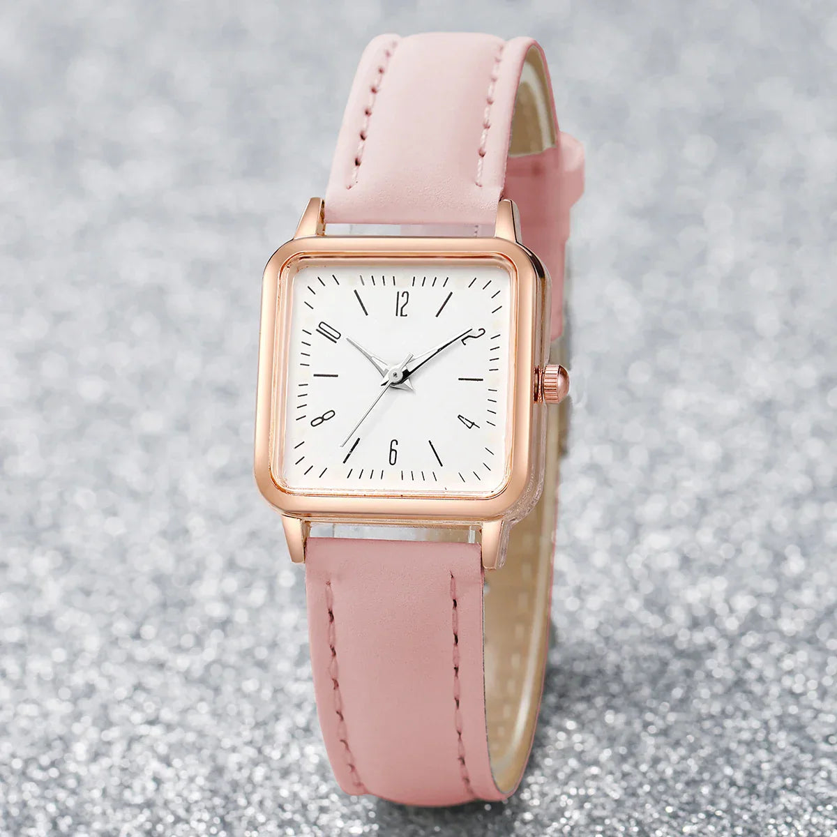 6PCs/Set Women's Fashion Watch Square Simple Dial Leather Quartz Watch with Love Bracelet Set