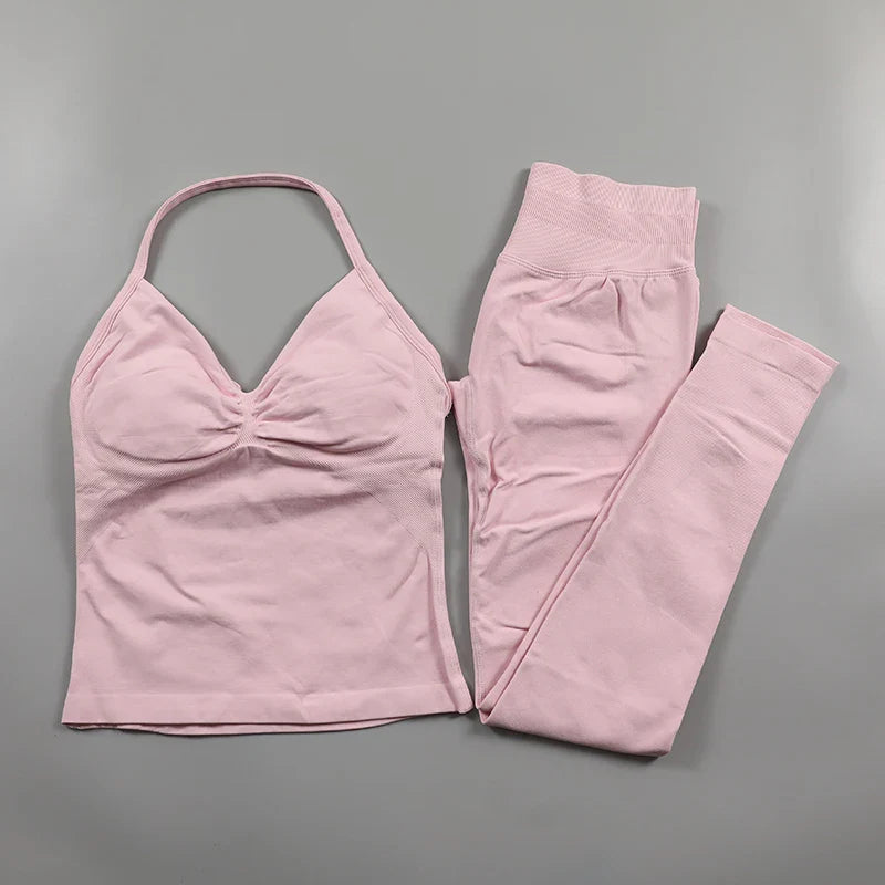 Fitness Leggings Set Women Seamless Yoga Set Fitness Clothing Scrunch Bum Gym Legging Padded Tank Top Workout Outfits Sportswear