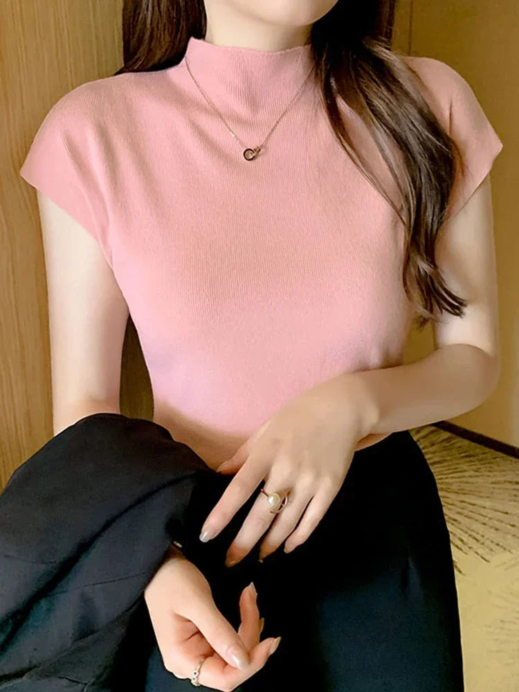 New Women Summer Knitted Turtleneck Sleeveless T-Shirts Tops Solid Slim Fit Pullovers Causal Tees Female Streetwear Basics Tees