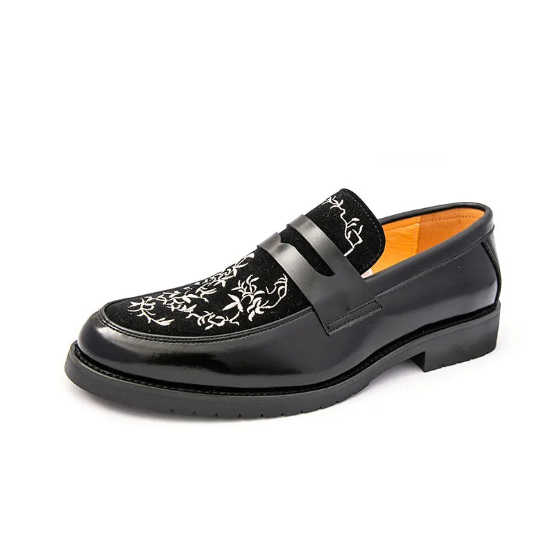 Green Embroidered Man Formal Shoes Autumn Men's Loafers Shoes High Quality Casual Leather Shoes for Men chaussure hommes cuir