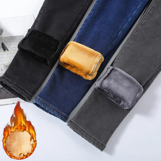 Winter Lady Thermal Plush Jeans Snow Warm Stretch Jeans Hot Sale High Waist Fleece Pants Female Straight Leg Denim Trousers