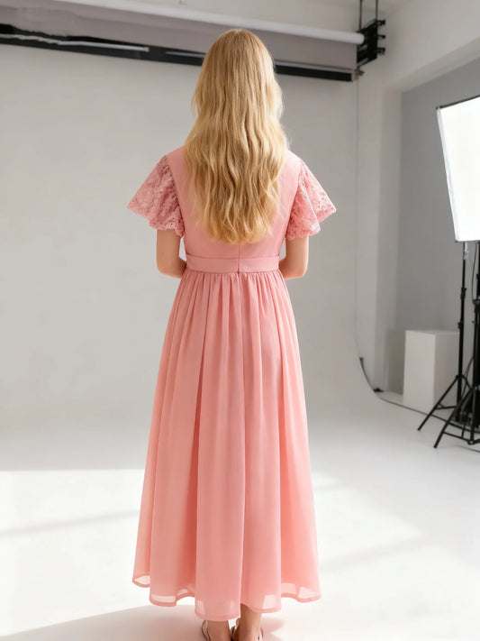Summer Girls' Round Neck Flying Sleeve Solid Color Princess Dress With Cinched Waist To Show Off Slimming Temperament Dress