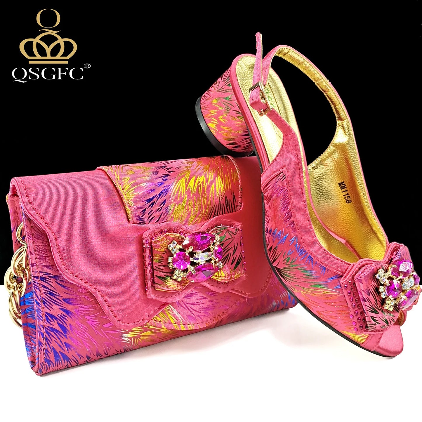 Italian Design Color Matching Rhinestone Comfortable High Heel Shoes And Bag Fashion Style Pointed-Toe Shoes For Women