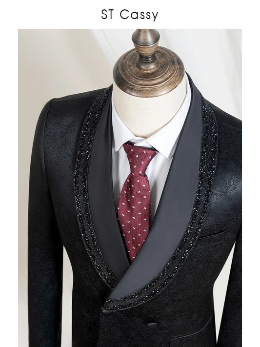 Luxury and fashionable men's suit Rhinestone Collar Shawl Lapel black Wedding Suit 2 Piece Set Groom Tuxedo Banquet party outfit