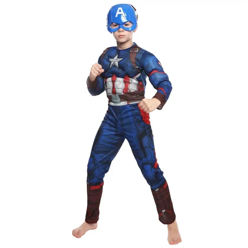 Halloween Purim Boys Captain Rogers Costume Blue Superhero Muscle America Jumpsuit Fantasia Fancy Dress Outfit