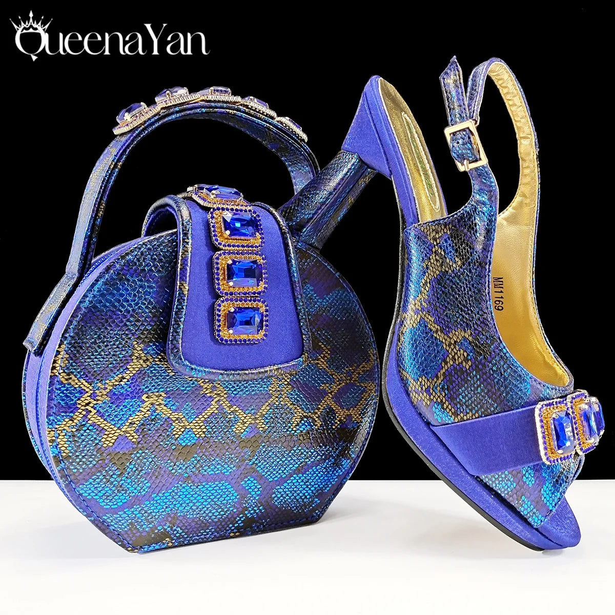 Luxurious Italian Women's Party Shoes&Bag Set Elegant Golden Rhinestone Sandals with Peep Toe High Heels Wedding