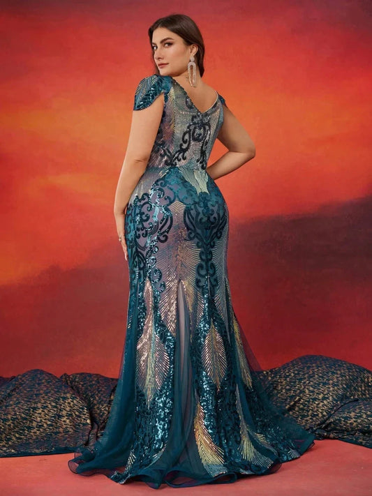 Plus Size Luxurious Short Sleeve Sequin Formal Evening Dress Women Elegant Mermaid Party Cocktail Gown Special Event
