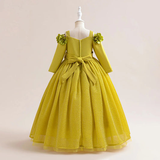 Summer Flower Wedding Girls Party Dress Long Sleeve Baptism Bridesmaids Princess Dresses Girl Gala Bow Birthday Evening Costumes