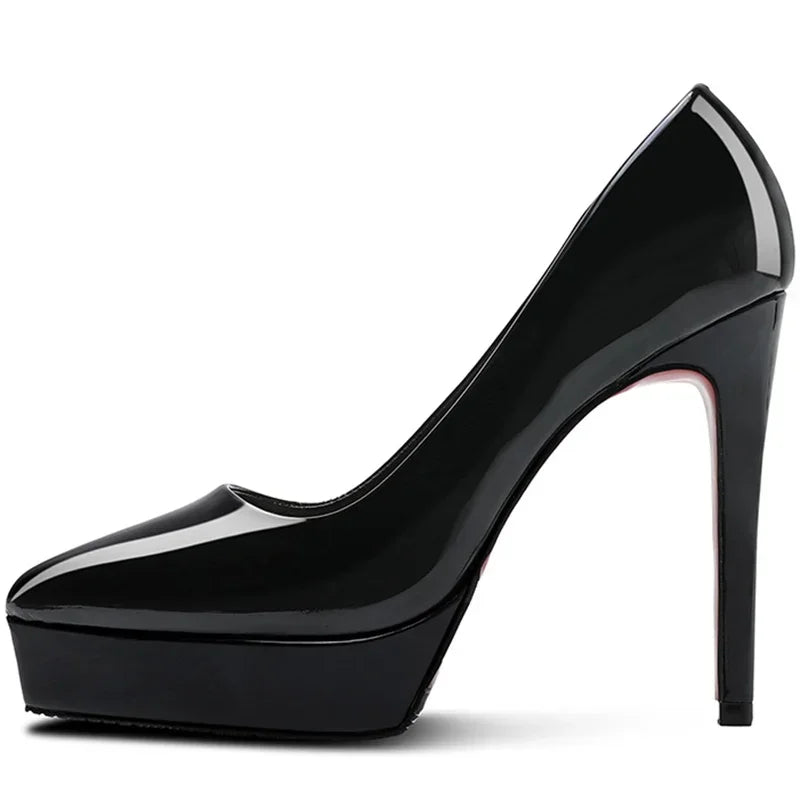 Sapatos de Salto Feminino Marca 10CM 12CM Salto Fino Preto PU Slip On Bico Fino Vestido Escritório Carreira Festa Casamento Impermeável Sapatos Femininos