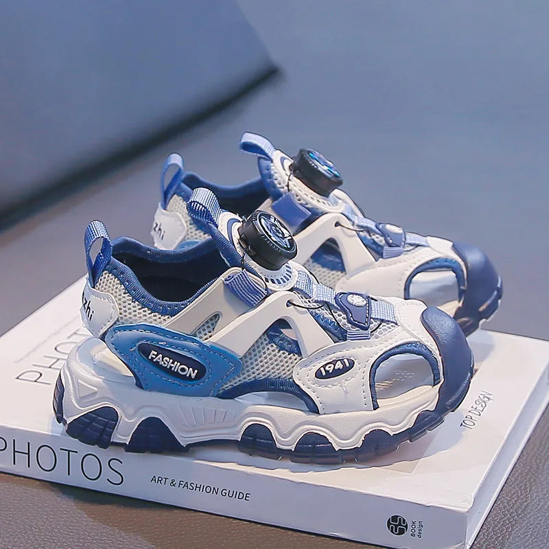 Kids Shoes Rotating Button Closed-Toe Boys Sandals Breathable Mesh Sport Shoes for Boys, Non-Slip Children Summer Sneakers