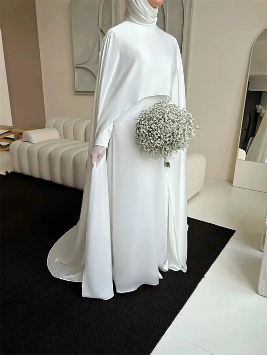Modest White Muslim Wedding Dresses with Cape Customized Bride Dress Elegant Long Sleeves Woman Bride Civil Bridal Gowns