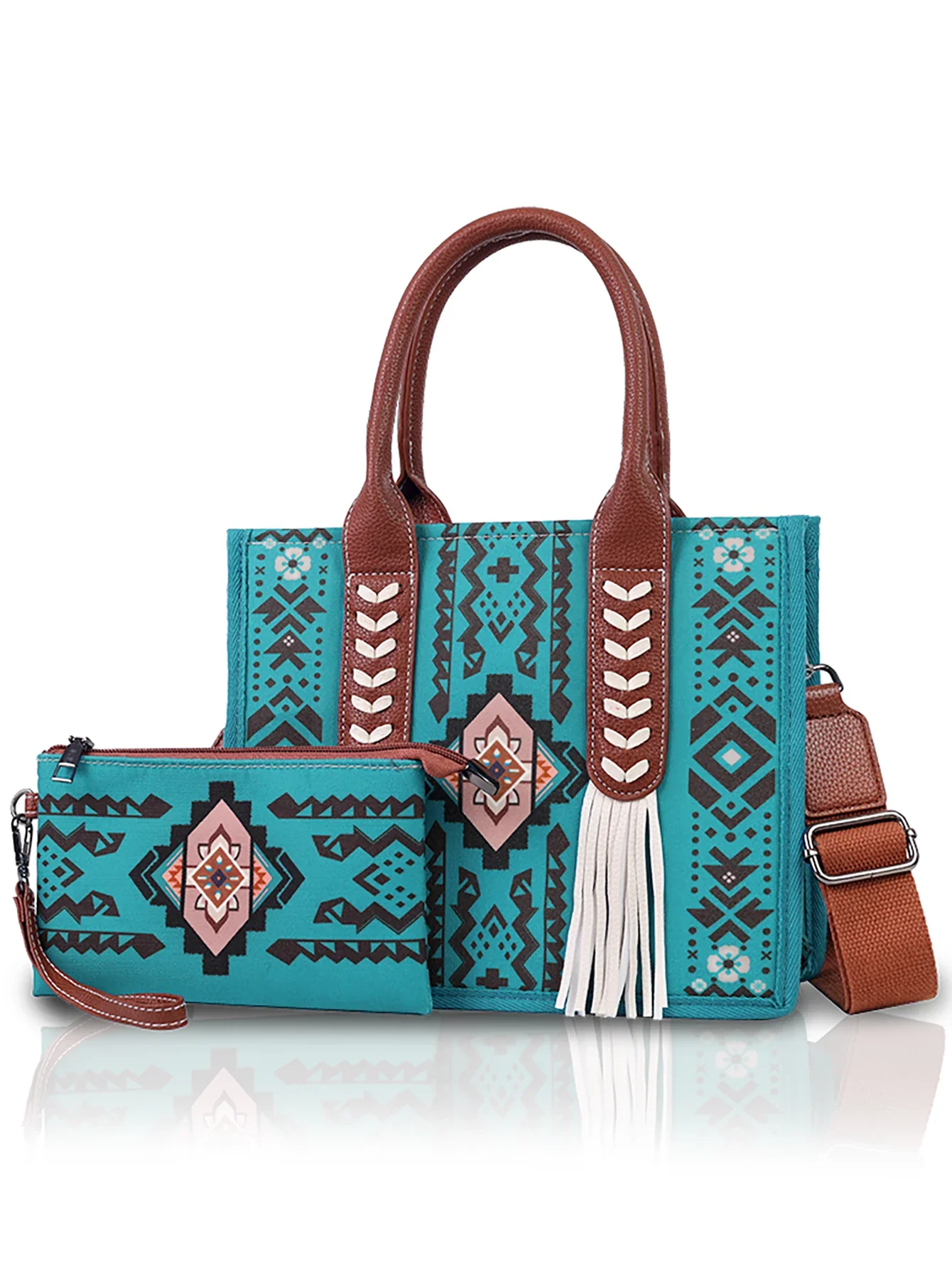 Ethnic print hand-held crossbody bag set with tassel decoration and small coin purse, suitable for daily commuting
