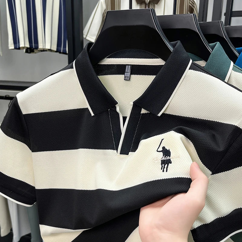 High End Embroidered Polo Shirt for Men, 2026 New Summer Striped Men's Short Sleeved T-shirt, Pure Cotton Lapel Half Sleeved Top