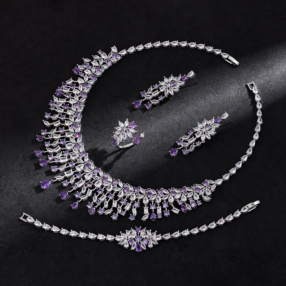2024 New 4-piece Bride Zirconia Women's Party Jewelry Set, Deluxe Dubai Nigeria CZ Crystal Wedding Necklace Set