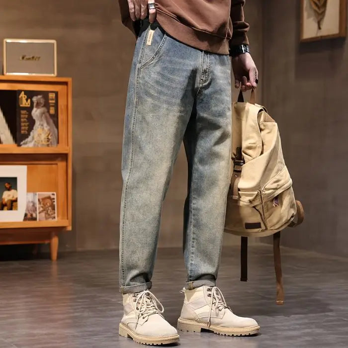 Retro American Style Men's Jeans Loose Fit Heavy Casual Slim Leg Cotton Pants Elastic Waist Korean Denim Jeans for Spring Autumn