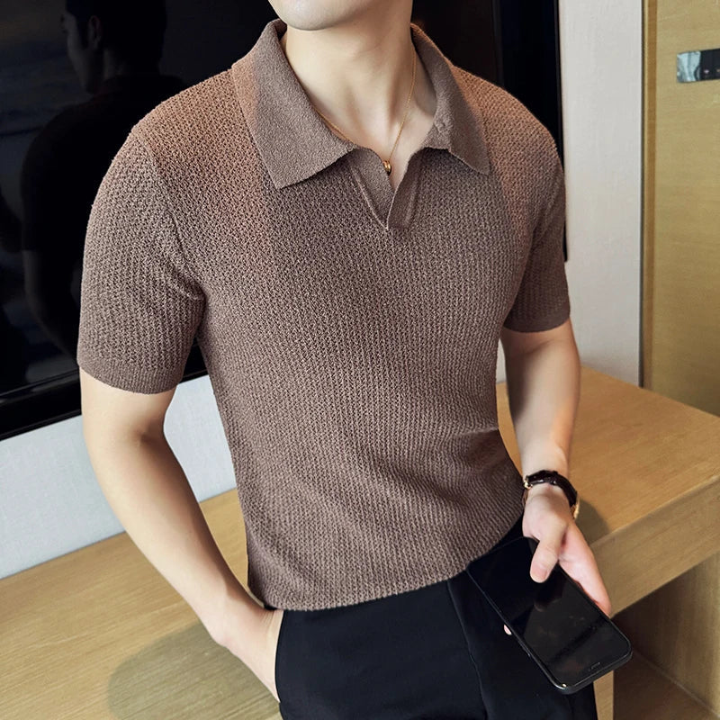Hollow Knitted Short-Sleeved T-shirt, V-neck Brown Polo Shirt, High-End Quality, Cool, Luxury Genuine Goods,Slim Top