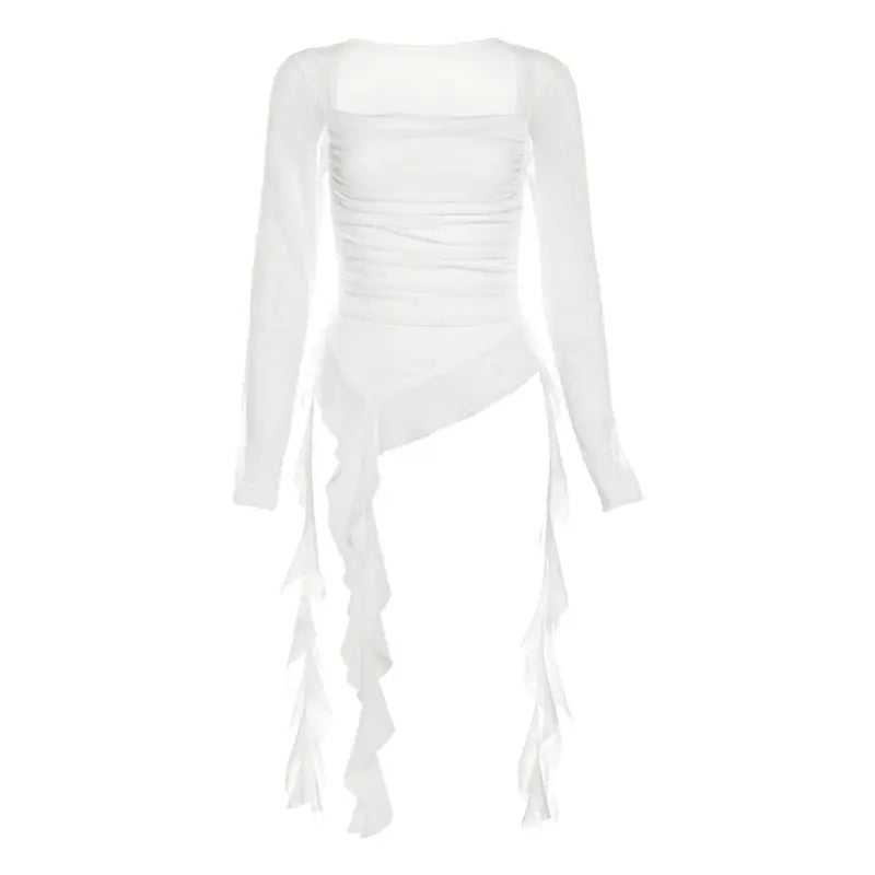 Long Sleeve Sexy T-Shirts Fashion Women Y2K Irregular Asymmetrical Korean Crop Tops Casual Sheer Mesh Autumn Chic Tees