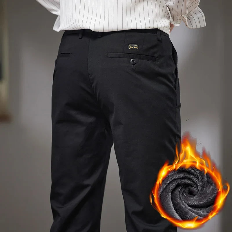 Fleece Winter Casual Pants Men Straight Stretch Soft Warm Velvet Trousers Comfortable Fashion Slim Plush Business Male Pants