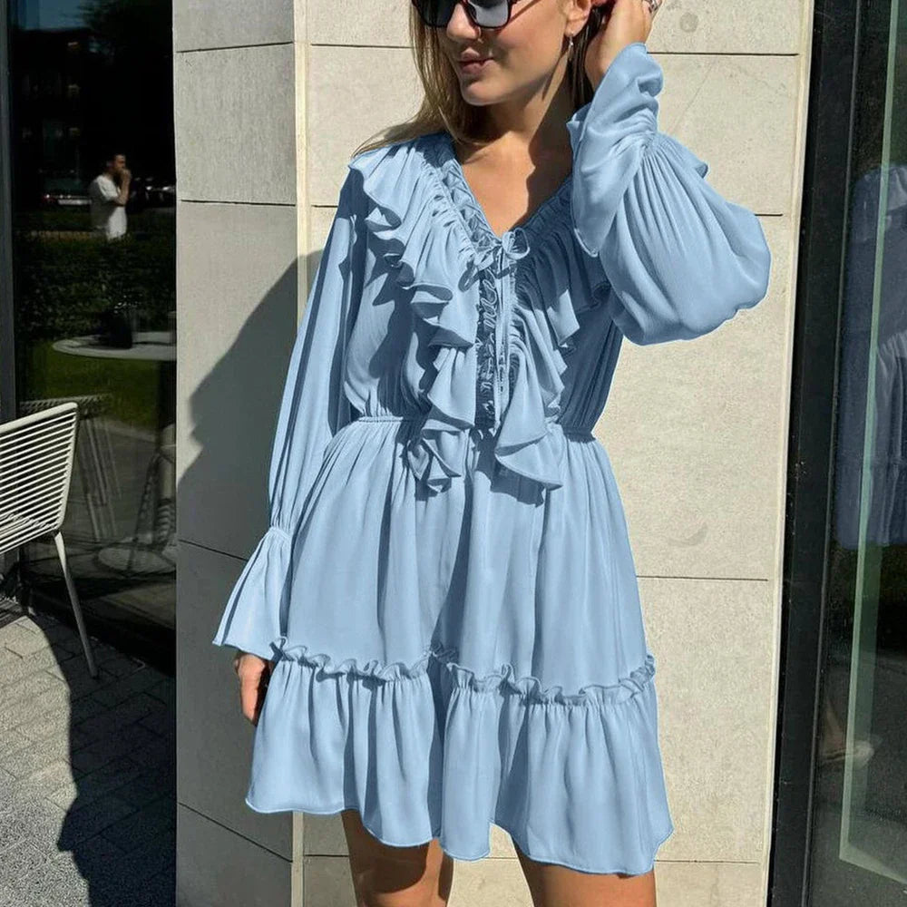 White Ruffle Bandage Mini Dress Women's Elegant Patchwork Long Sleeve Dress New Slim V Neck Lace Up Summer Mini Dress