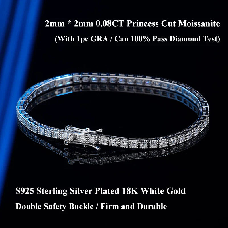 Princess Cut Full 1.5mm 2mm D Color Moissanite Tennis Bracelet for Women Man 925 Silver Pass Diamond Test Link Bracelets