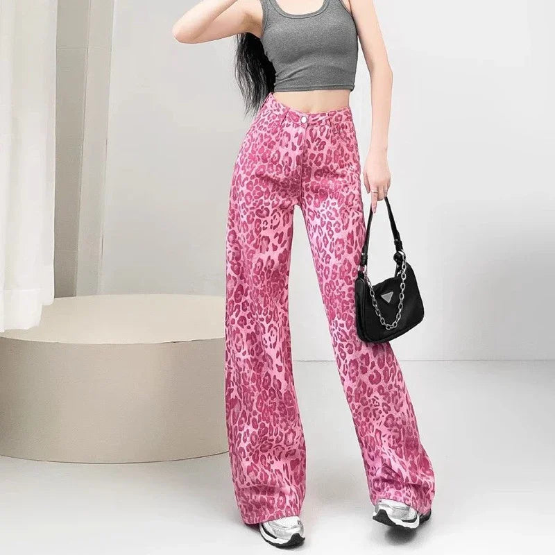 Chic Pink Leopard Print Jeans Girls High Waist Straight Leg Pants