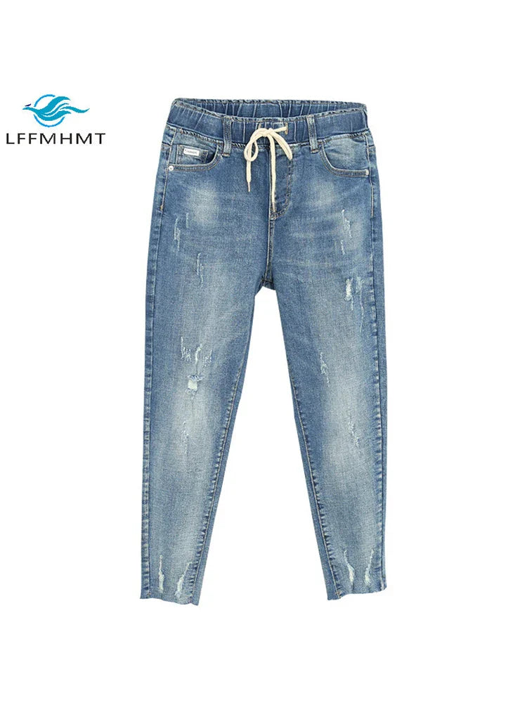 Women Baggy Elastic Waist Jeans Style Ripped Pants