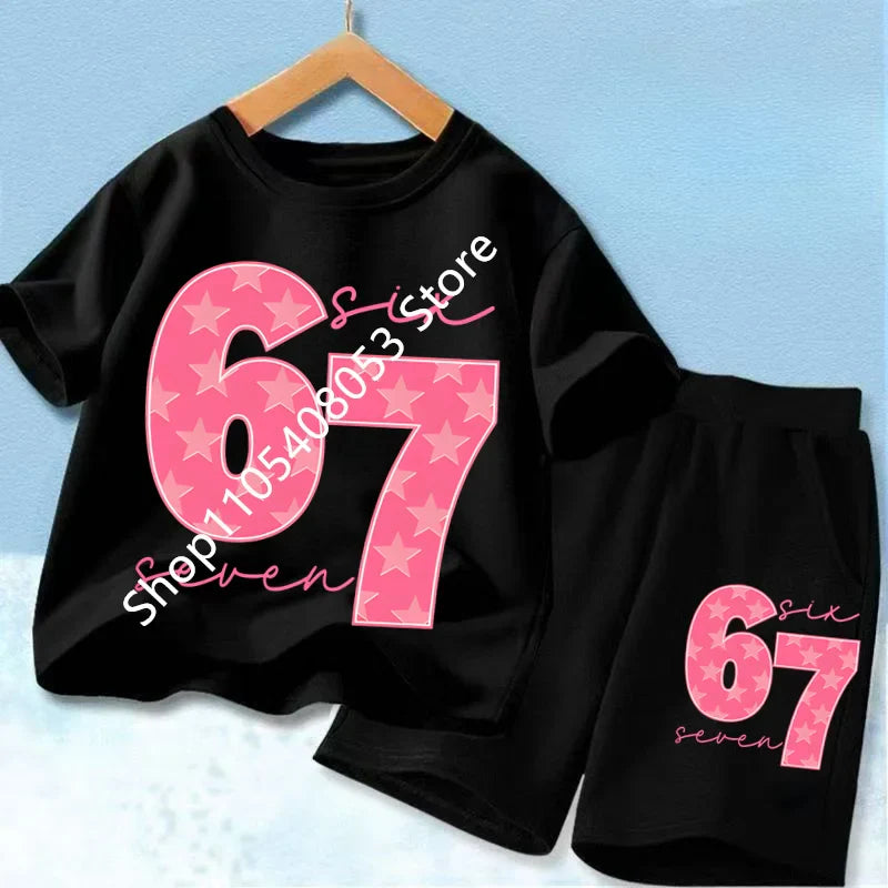 New 67 Number Six Seven Print Kids Cool Summer T-shirt 3-12Yrs Clothes Cartoon Short-sleeved+Shorts Boys Girls Sports Casual Set