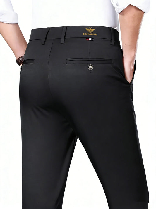 Men's Luxury Bee Embroidered Waist Business Casual Pants High Elastic Slim Fit Formal Trousers for Office