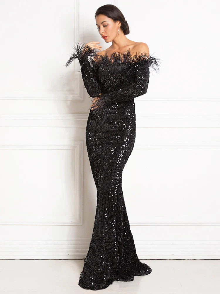 Sparkle Sequin Green Feathers Maxi Cocktail Dress Mermaid Off Shoulder Long Sleeves Stretch Wedding Party Gown Dresses 2025