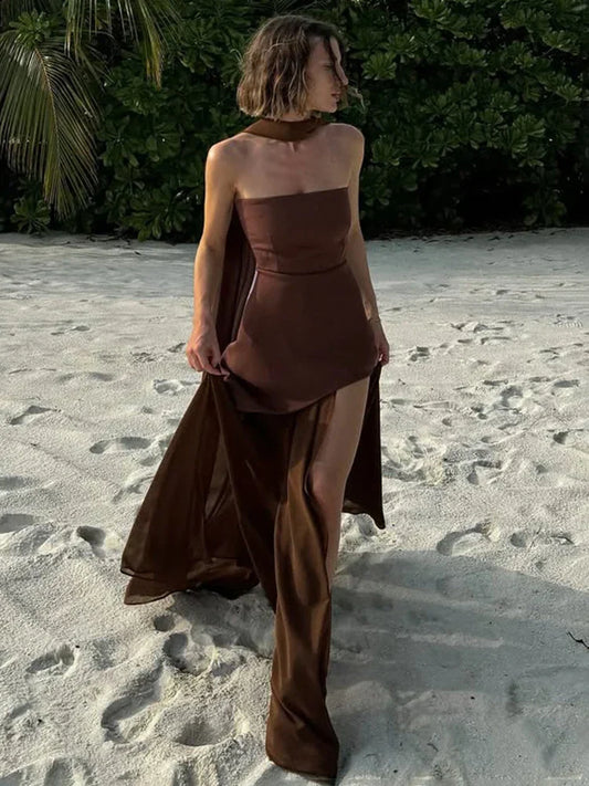 Fashion Strapless Dress With Ribbon Female Elegant Sleeveless Mesh Beach Vacation Long Dress 2025 Spring New Women Dress