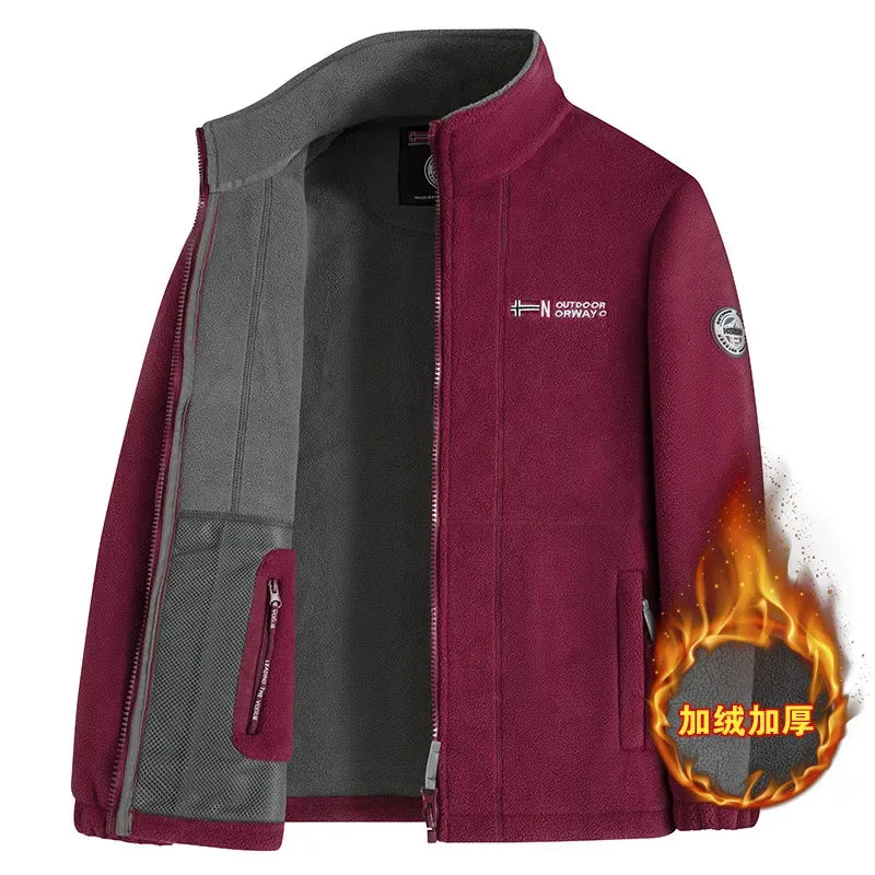 Thickened Fleece Lined Double-sided Fluffy Jacket Men's Autumn Winter Business Casual Outdoor Stand Collar Warmth Zipper Closure
