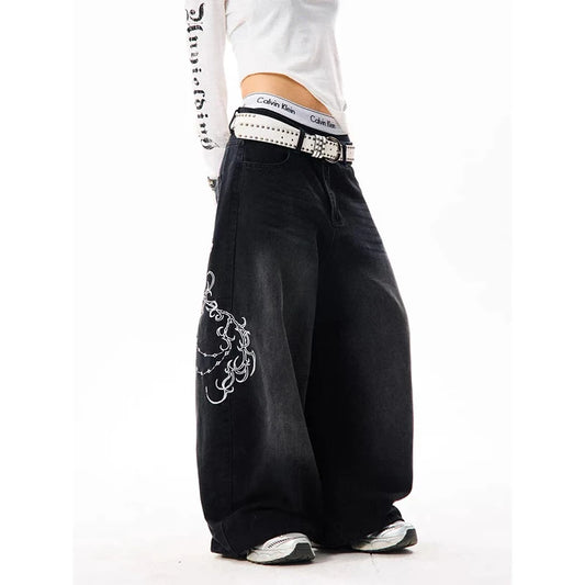 Women Vintage Embroidery Y2K Baggy Jeans Female High Waist 2000s Wide Leg Denim Pants American Retro Harajuku Trouser