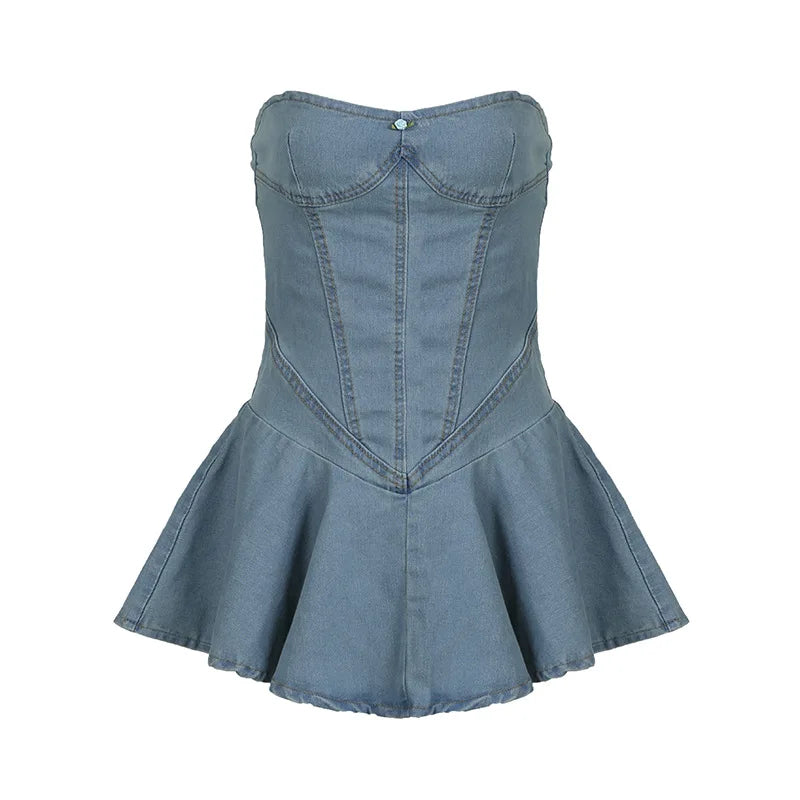 Chest Wrap Sexy Dress Women Sleeveless Backless Split Splicing Tight Denim Mini Dress Thin Sexy Y2K A-word Denim Dress