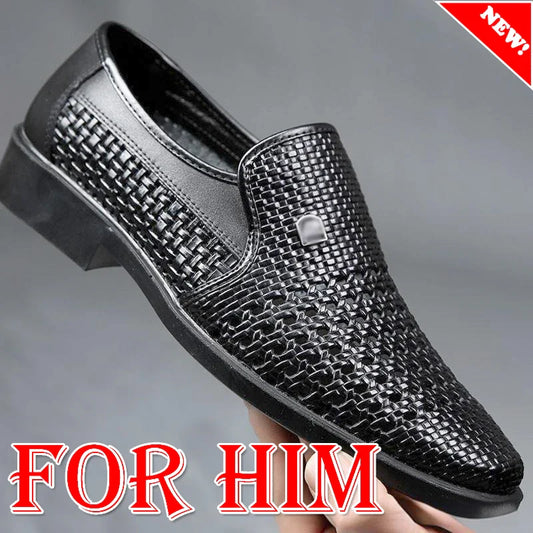Men's Synthetic Leather Shoes Soft Sole Breathable Low Heeled Business Casual Shoes Hollow Out Dress Sandals Middle Aged