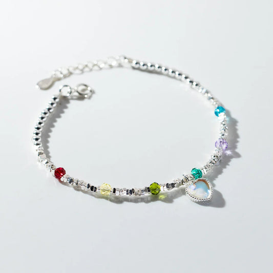 925 Sterling Silver Rainbow Color Crystal Beads Bracelet Charm Heart Moonstone Link Chain Bracelets For Women Jewelry