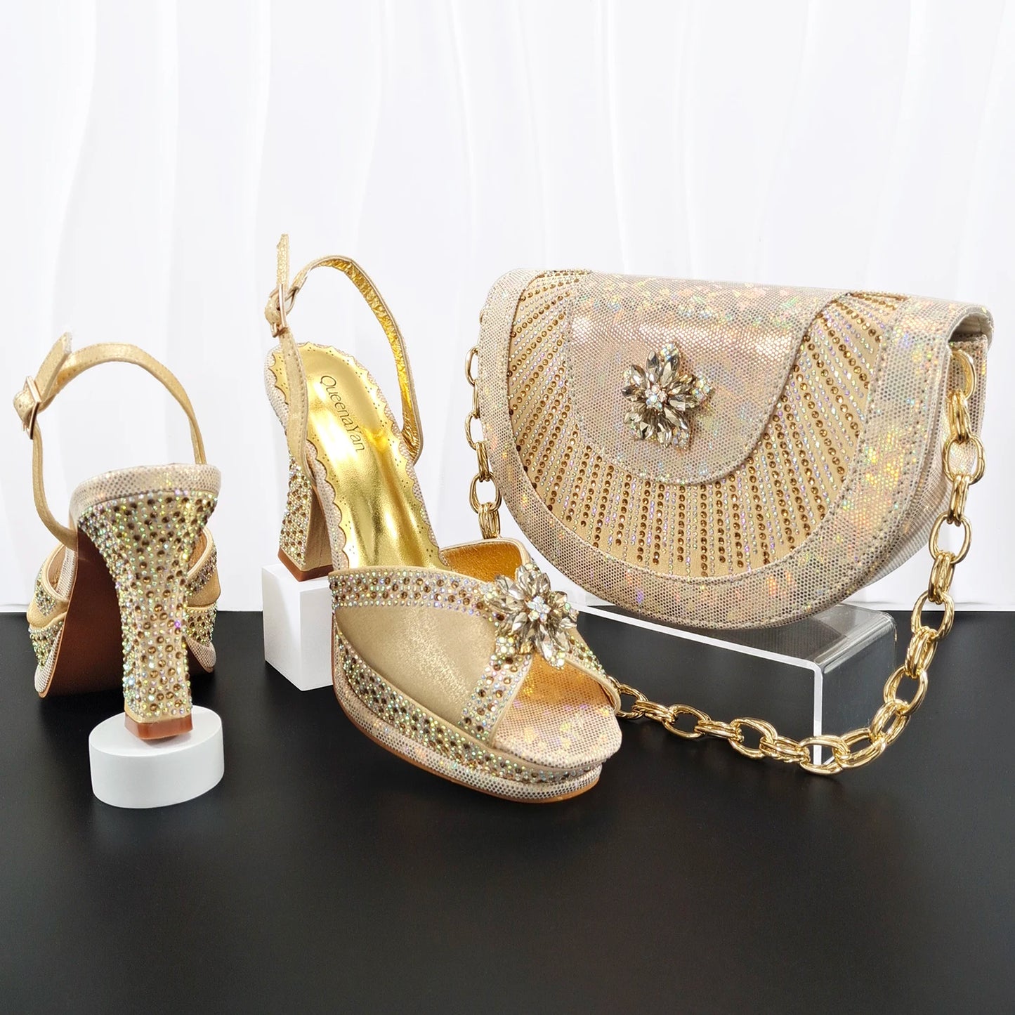 INS New Arrival Colorful Crystral Decoration Design Elegant Mature Party Wedding Peep Toe Ladies High Heels and Bag Set