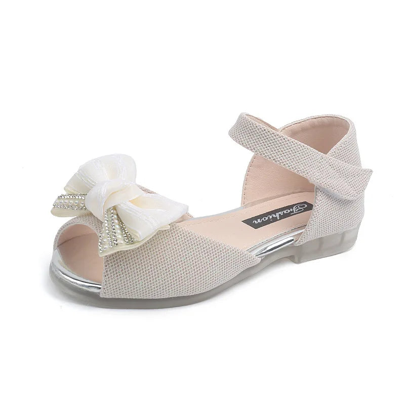 2026 New Children Sandals Rhinestone Bow Wedding Princess Girls Sandal Party Dance Baby Student Flats Kids Performance Shoes