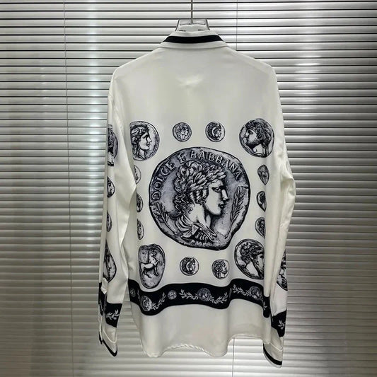 Men's shirt Vintage Character print 2025 Spring / Autumn Loose Version Classic Long-sleeved Lapel Fashion and leisure Top S-5XL