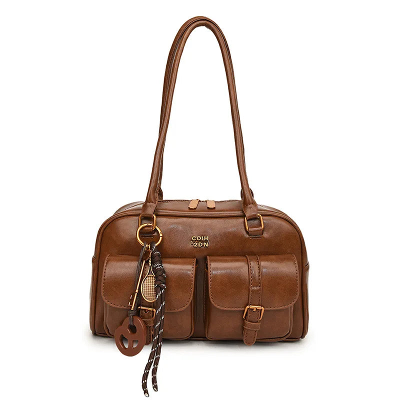 Women's Coffee Brown Multi-Pocket Handbag Shoulder Bag, Stylish Versatile Letter Crossbody Purse for Travel Work Shopping Dates