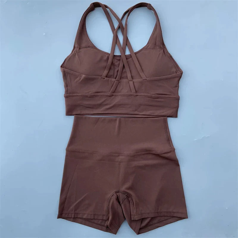 Solid Color gym bike Yoga Set short Legging +cross sport bra Tracksuit Athletic Women Gym Suit Comprehensive Training Jogging