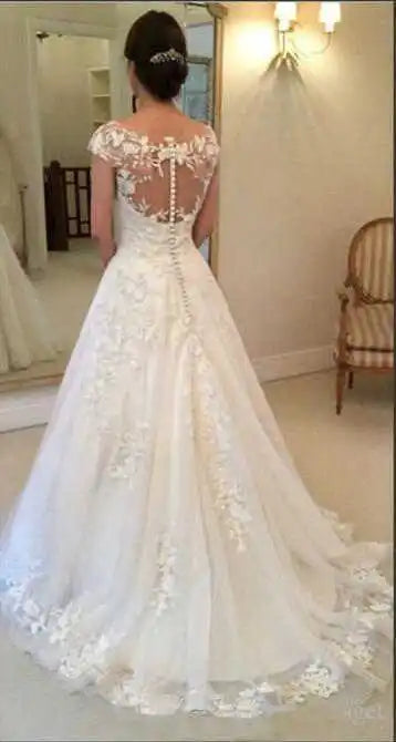 White Elegant Appliqued Wedding Dresses 2023 Sheer Back Cap Sleeves Vintage Lace Bride Gown Vestidos De Novia A-line